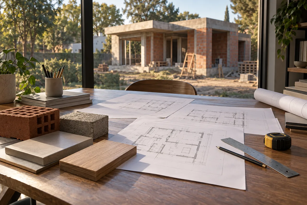 Planos de una casa, regla y muestras de ladrillo, hormigón, cerámica y madera frente a una vivienda en construcción