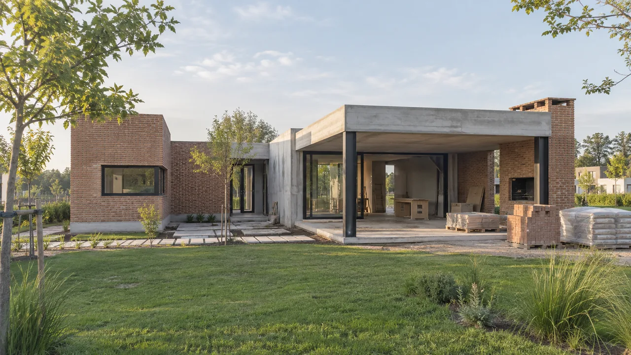 Vivienda contemporánea de ladrillo y hormigón con galería en construcción