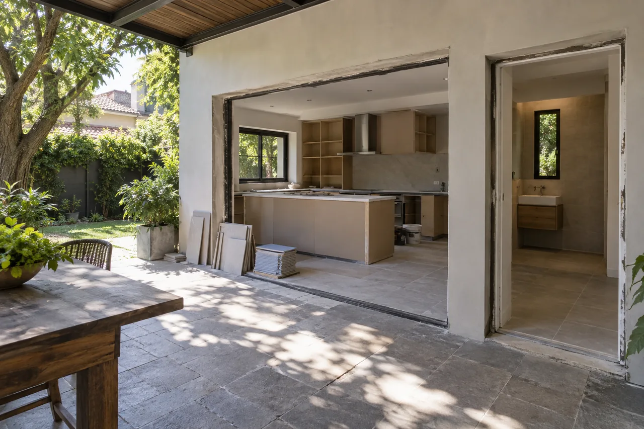 Renovación de cocina y baño vista desde una galería abierta al jardín