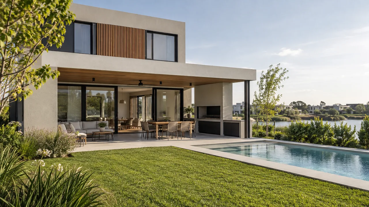Casa moderna con galería, jardín y piscina en un entorno residencial