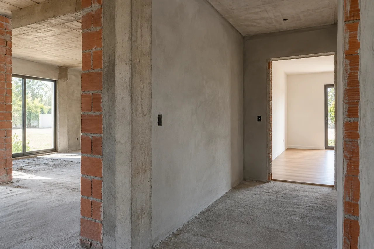 Interior de vivienda con ladrillo y hormigón expuestos, muro revocado y un ambiente terminado al fondo
