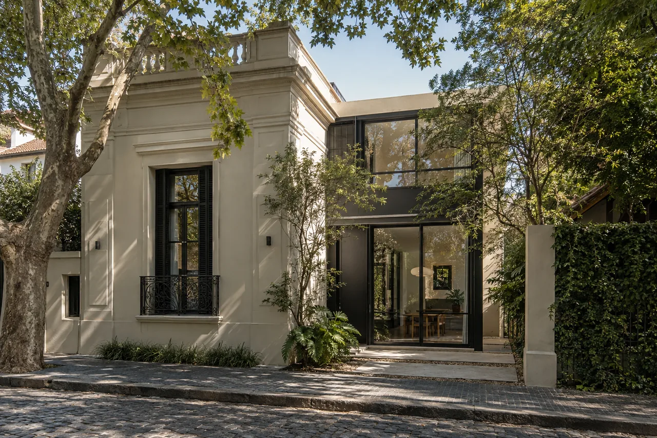 Casa tradicional con una ampliación contemporánea entre árboles