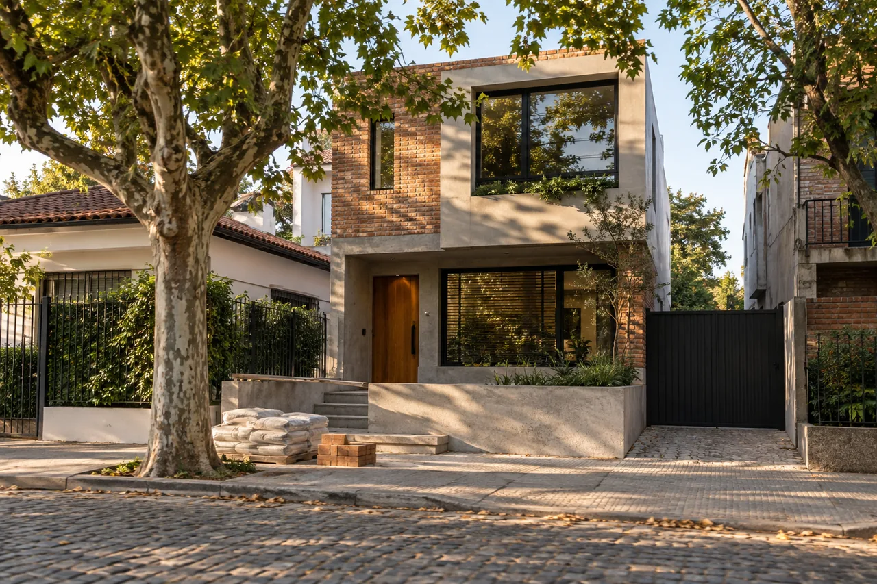 Fachada de una vivienda renovada en un lote urbano arbolado