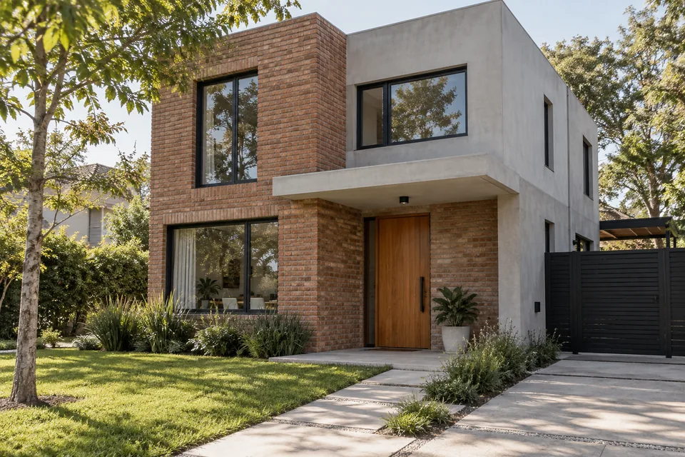 Casa contemporánea terminada con fachada de ladrillo y hormigón en un jardín arbolado