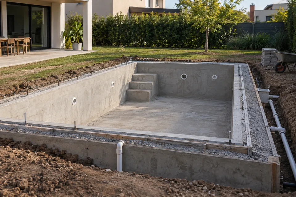 Piscina residencial de hormigón en construcción con instalaciones hidráulicas visibles