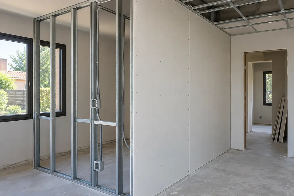 Tabique interior de construcción en seco con perfilería metálica y placas de yeso