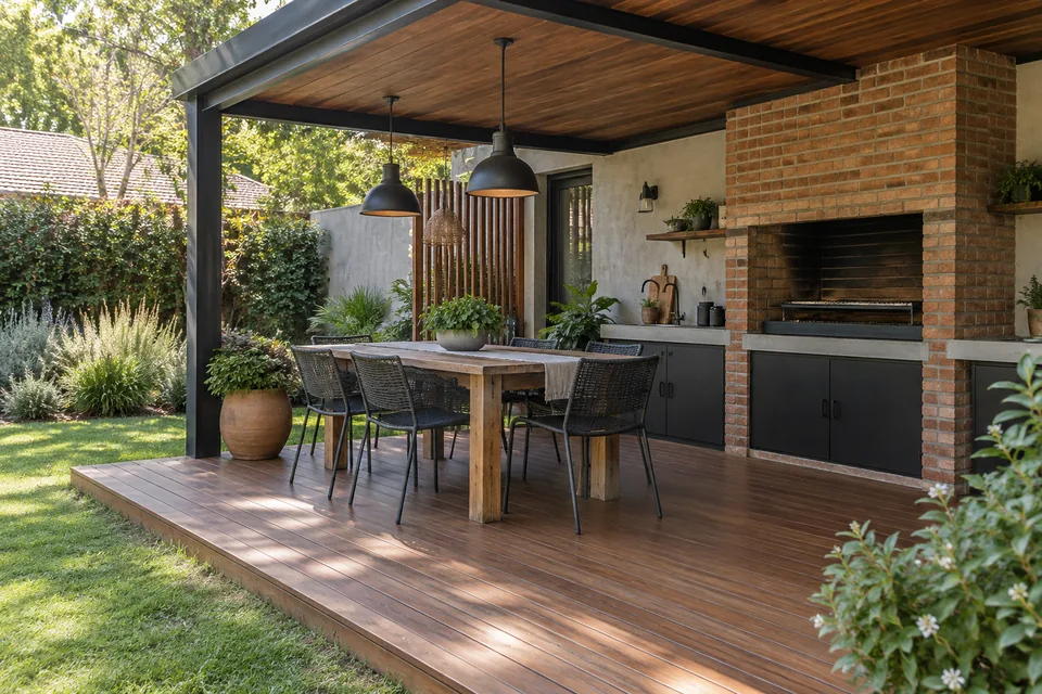 Galería cubierta con quincho, parrilla de ladrillo y deck de madera junto al jardín