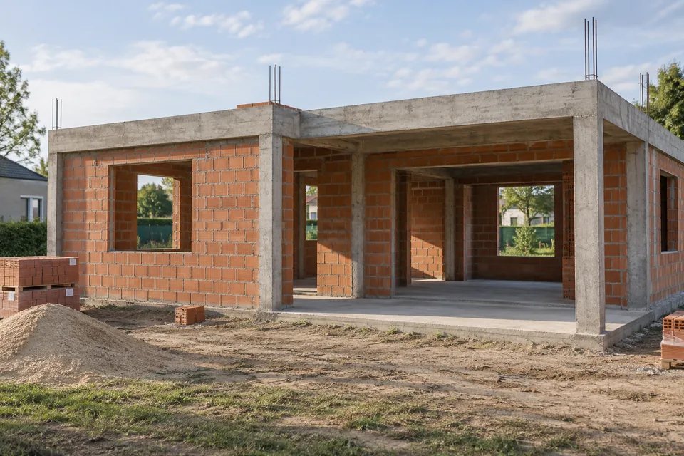 Vivienda en obra gris con estructura de hormigón y mampostería de ladrillo