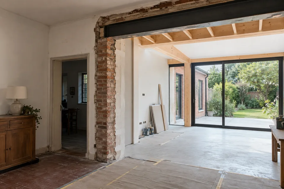 Interior de una casa durante una reforma y ampliación hacia el jardín